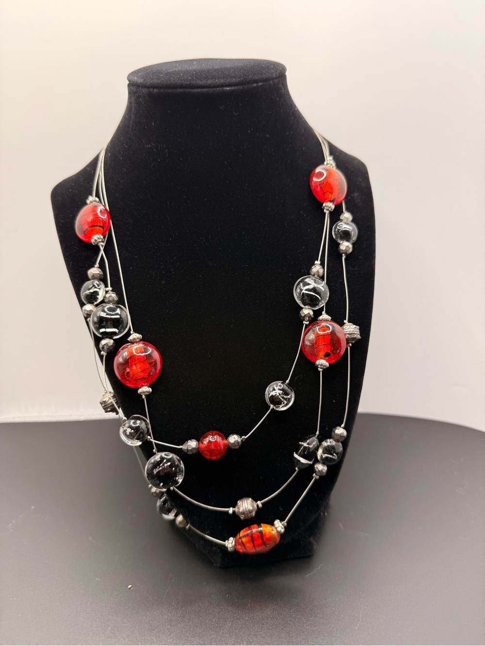 Multi-Strand Red and Black Glass Bead Necklace - Women Jewelry
